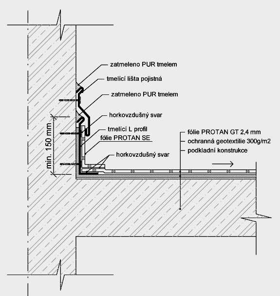 Ukončení u svislé stěny pojistnou tmelící lištou