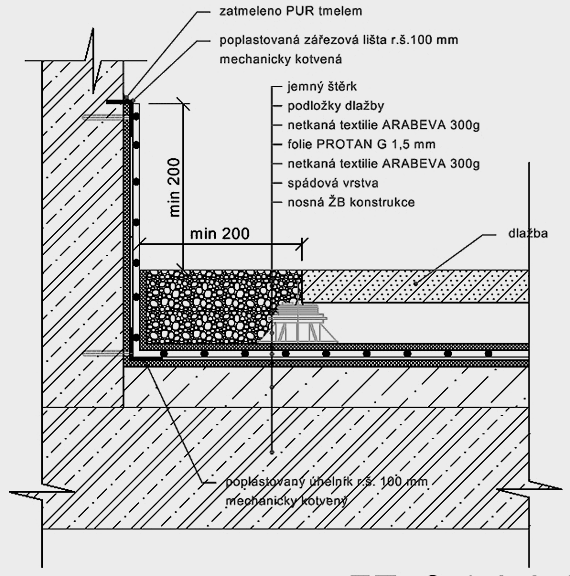 Dlažba na podložkách -Vytažení hydroizolace na svislou konstrukci