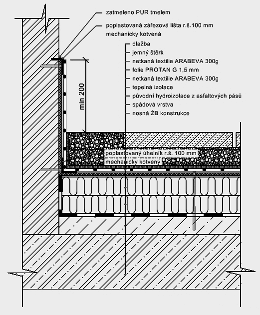 Hydroizolace teras zateplené, dlažba na kačírku -Vytažení hydroizolace na svislou konstrukci